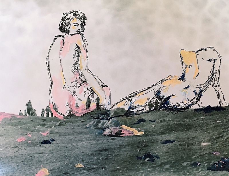 Body — a reclining figure drawn over a photographic landscape