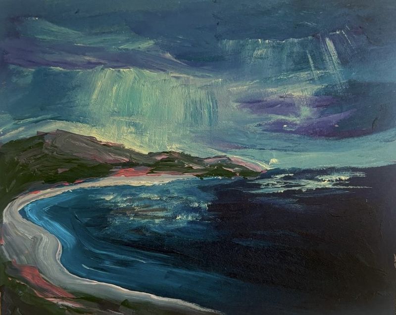 A teal and navy coastline under a stormy sky