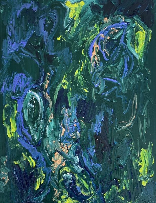 Abstract painting in green, blue and yellow
