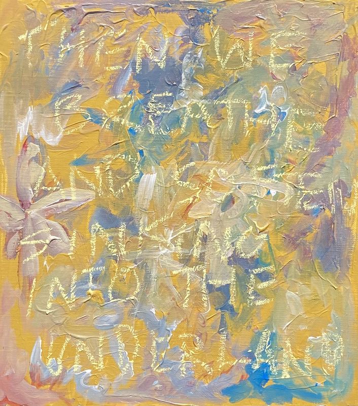 Yellow textured painting with words scratched into the surface
