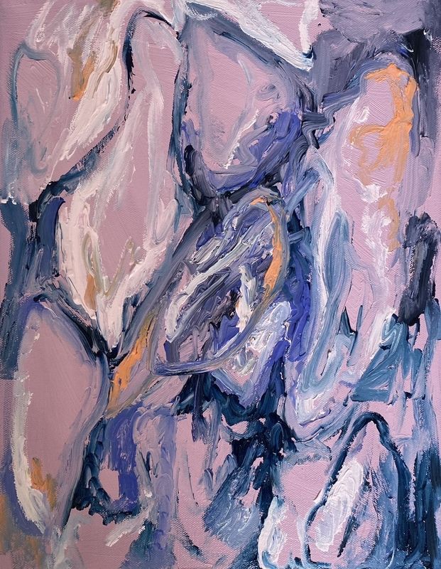 Abstract painting in mauve, lilac and navy