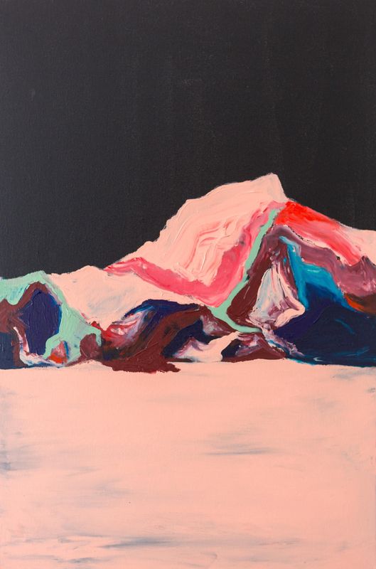 Painting of a mountain peak in pink, teal and navy against a black sky, by Dylin Hardcastle