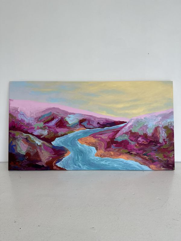 Pink Tide — painting of a pink and blue coastal landscape