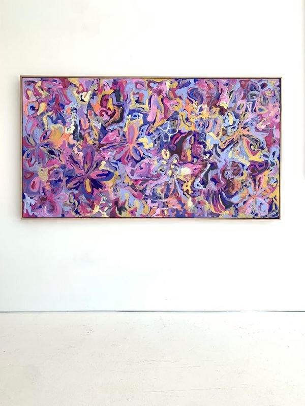 Sea Garden — purple and pink abstract painting, installed on a gallery wall