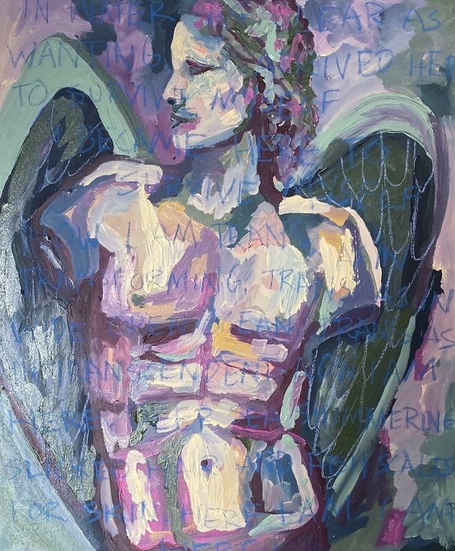 A torso painted in violet with handwritten text