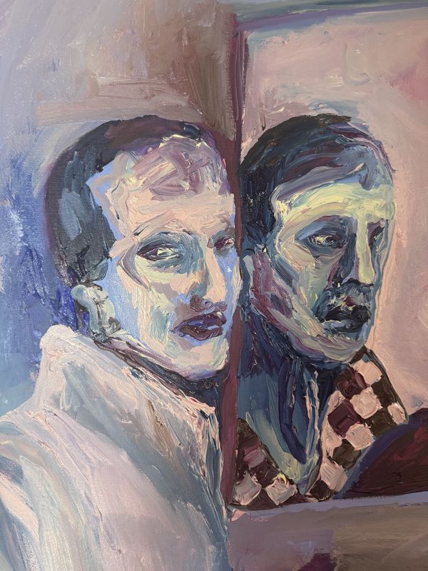 Two figures painted in violet and grey
